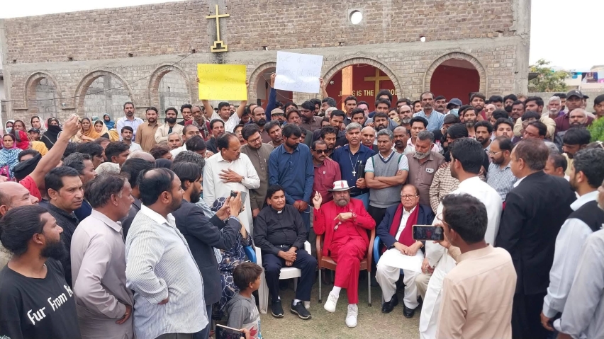 Community leaders and residents protest against the planned evictions of Christian slum residents by the municipal authority of Pakistans federal capital, Islamabad.