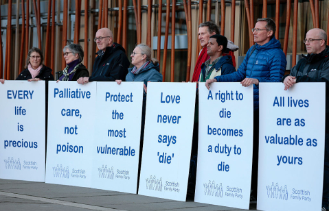 Members of the Scottish Family Party demonstrate against the assisted dying bill, as Scottish Parliament holds the final vote on the Assisted Dying Bill on March 17, 2026 in Edinburgh, Scotland.