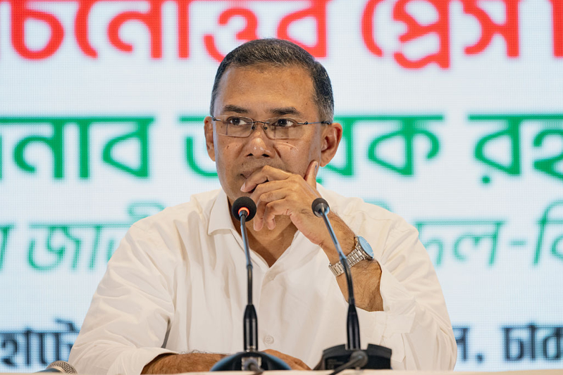 Mr Tarique Rahman, Chairman of BNP, addresses media for the first time after BNP wins the 13th General Election on February 14, 2026 in Dhaka, Bangladesh.