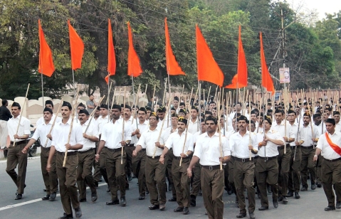 Rashtriya Swayamsevak Sangh members marching in 2016.
