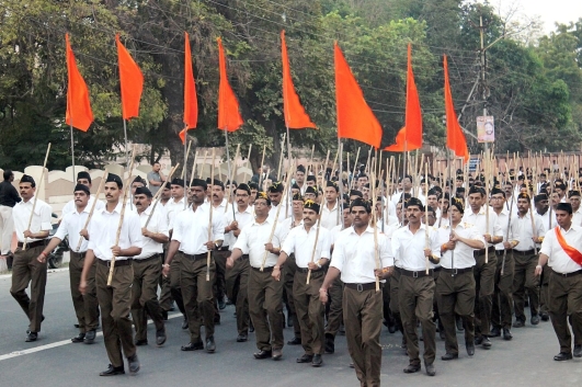 Rashtriya Swayamsevak Sangh members marching in 2016.