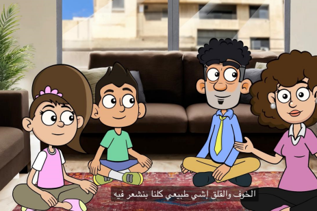 A scene from an animated video by Jordan’s Digitales Media shows a family using breathing exercises to manage stress during a missile alert.