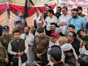 Faisalabad Police Chief Kamran Adil shows solidarity with Christians in Jaranwala, Pakistan on Aug. 16, 2024.