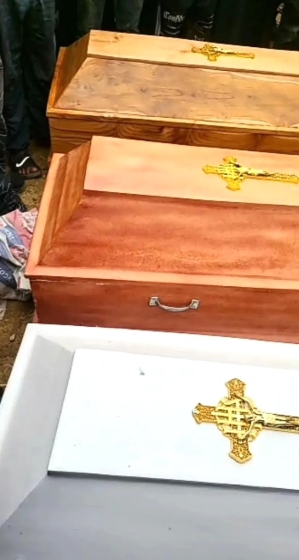 Caskets bearing corpses of three Christians killed in Jos, Plateau state, Nigeria on April 3, 2026.