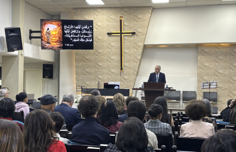 Worshipers gather for an Easter service at Amman Baptist Church on April 12, 2026, as congregations across Jordan mark the resurrection with unified celebrations.