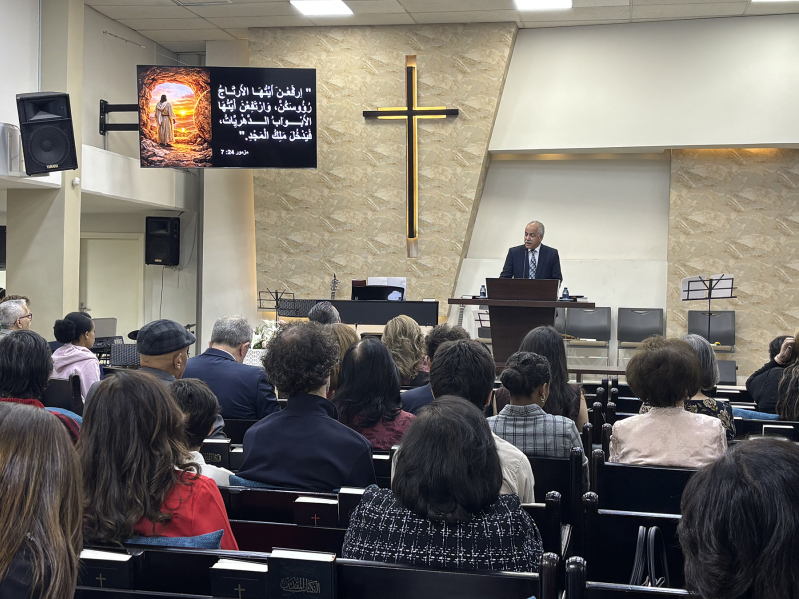 Worshipers gather for an Easter service at Amman Baptist Church on April 12, 2026, as congregations across Jordan mark the resurrection with unified celebrations.