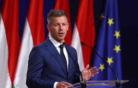 Peter Magyar, lead candidate of the Tisza party, speaks to the media the day after the sweeping Tisza victory over rival Fidesz in Hungarian parliamentary elections on April 13, 2026 in Budapest, Hungary.