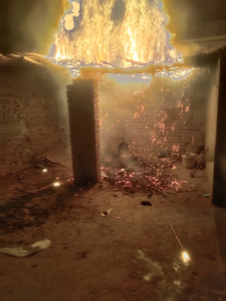 Home of Faisal Masih and Naveed Masih set ablaze in Chak 437-GB village, Faisalabad Division of Punjab Province on April 12, 2026.