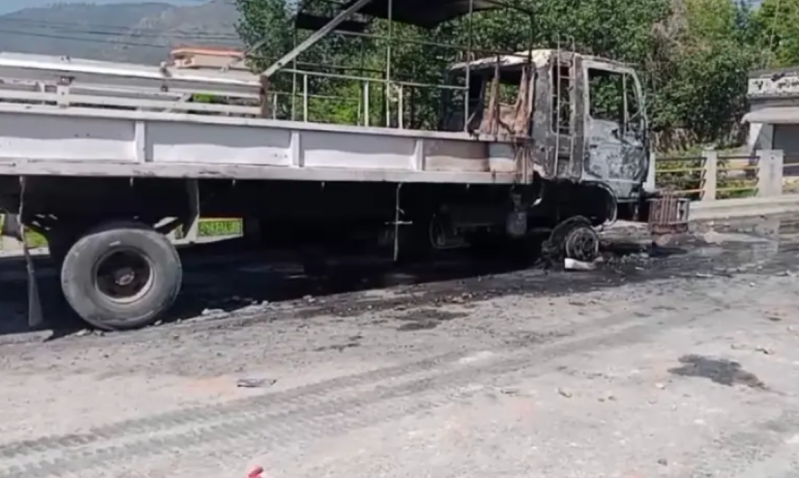 A screengrab from a Facebook video shows an official vehicle set ablaze during clashes between residents of the Noor Shahan informal settlement and police on April 14.