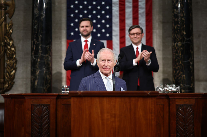 Britains King Charles III is applauded by U.S. Vice President JD Vance and U.S. House Speaker Mike Johnson (R-LA) as he arrives to address a Joint Meeting of Congress at the U.S. Capitol during day two of the State Visit of King Charles III and Queen Cam