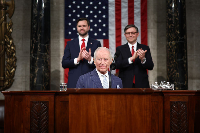 Britains King Charles III is applauded by U.S. Vice President JD Vance and U.S. House Speaker Mike Johnson (R-LA) as he arrives to address a Joint Meeting of Congress at the U.S. Capitol during day two of the State Visit of King Charles III and Queen Cam