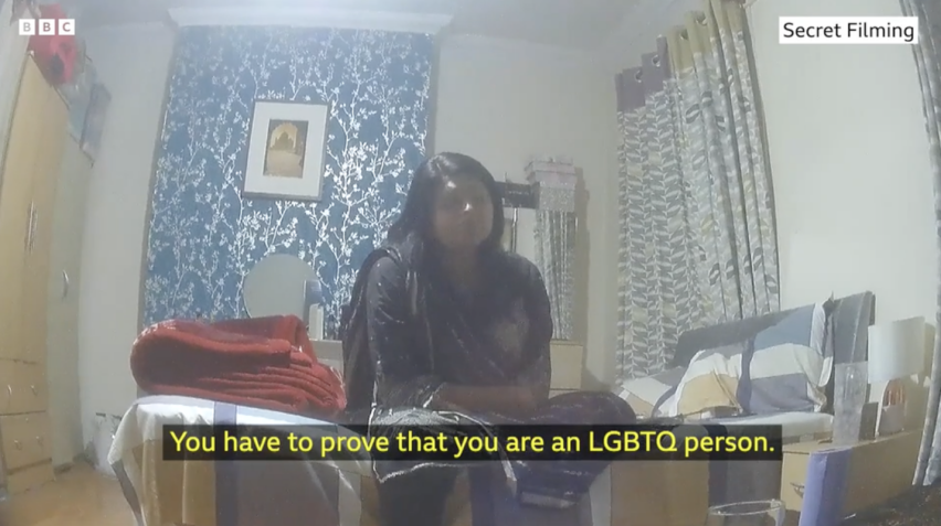 A screenshot from a BBC investigation video examining allegations that some migrants in the United Kingdom used fabricated asylum claims, including false claims related to sexuality, to remain in the country.