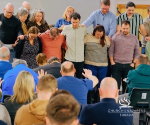 Members of Nazarene churches from across Ireland pray together during an all-island gathering at Greystones Church of the Nazarene in County Wicklow, where church leaders shared plans for ministry expansion, community outreach and church planting across t