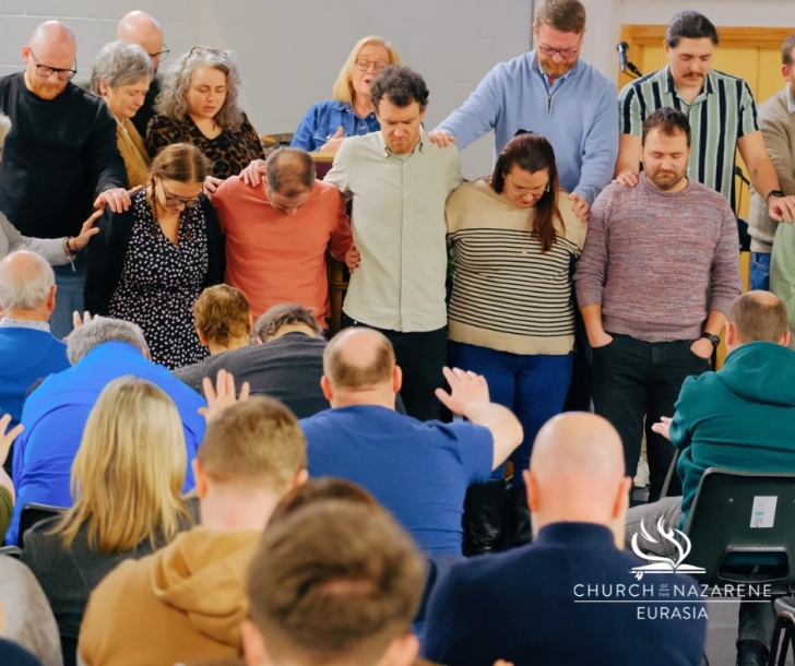 Members of Nazarene churches from across Ireland pray together during an all-island gathering at Greystones Church of the Nazarene in County Wicklow, where church leaders shared plans for ministry expansion, community outreach and church planting across t