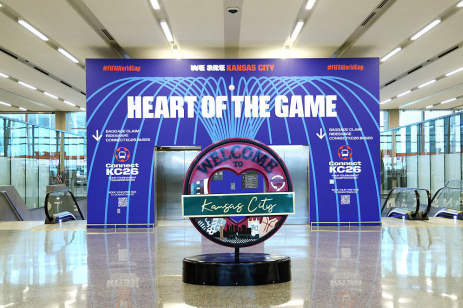 KANSAS CITY, MISSOURI - MAY 05: World Cup signage is displayed at the Kansas City airport ahead of the 2026 World Cup on May 05, 2026 in Kansas City, Missouri.