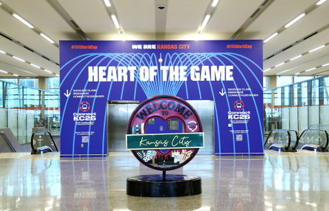 KANSAS CITY, MISSOURI - MAY 05: World Cup signage is displayed at the Kansas City airport ahead of the 2026 World Cup on May 05, 2026 in Kansas City, Missouri.