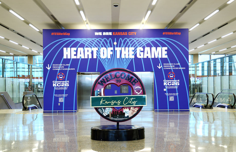 KANSAS CITY, MISSOURI - MAY 05: World Cup signage is displayed at the Kansas City airport ahead of the 2026 World Cup on May 05, 2026 in Kansas City, Missouri.