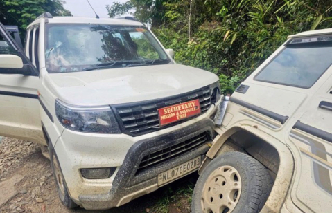 Vehicles carrying Baptist church leaders stand along a roadside in Manipur, India, after an ambush on May 13, 2026, killed three pastors returning from a peace conference focused on reconciliation between tribal Christian communities in the conflict-hit n