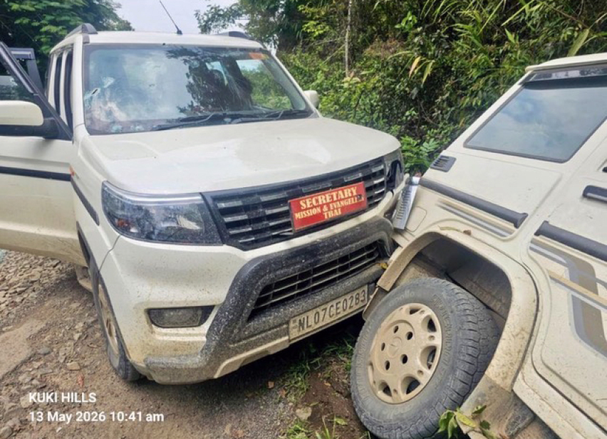 Vehicles carrying Baptist church leaders stand along a roadside in Manipur, India, after an ambush on May 13, 2026, killed three pastors returning from a peace conference focused on reconciliation between tribal Christian communities in the conflict-hit n
