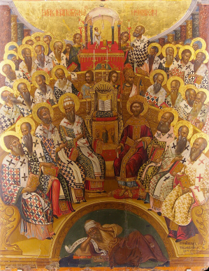 The First Council of Nicaea, as depicted by Cretan painter Michael Damaskinos (1591). The work, originally from Vronitissiou monastery, is now housed in the Agia Collection, Heraklion.