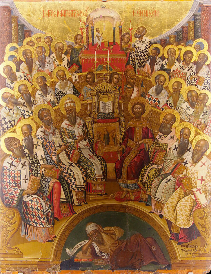 The First Council of Nicaea, as depicted by Cretan painter Michael Damaskinos (1591). The work, originally from Vronitissiou monastery, is now housed in the Agia Collection, Heraklion.