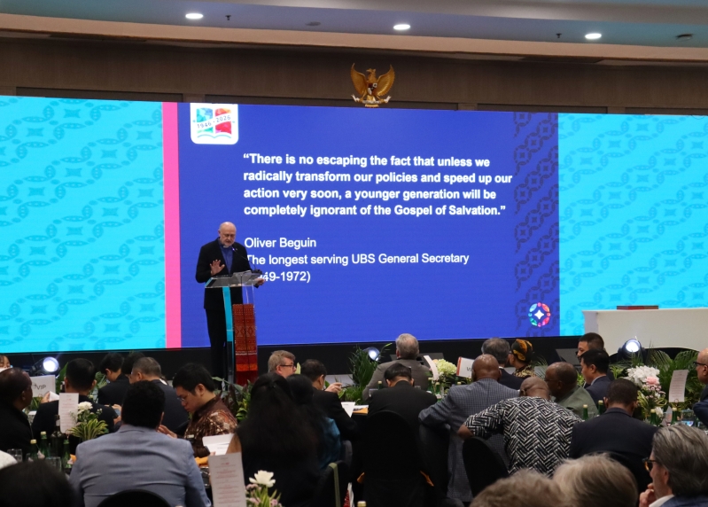 Dirk Gevers, Secretary General of United Bible Societies, addresses the fellowships 80th anniversary gathering in Jakarta, May 2026.
