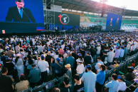 Will Graham addresses a crowd of more than 21,000 at the Uijeongbu Billy Graham Crusade on May 17, 2026, at the Uijeongbu Sports Complex in South Korea. Graham, executive vice president of the Billy Graham Evangelistic Association, called on attendees to 