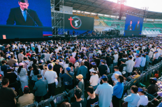 Will Graham addresses a crowd of more than 21,000 at the Uijeongbu Billy Graham Crusade on May 17, 2026, at the Uijeongbu Sports Complex in South Korea. Graham, executive vice president of the Billy Graham Evangelistic Association, called on attendees to