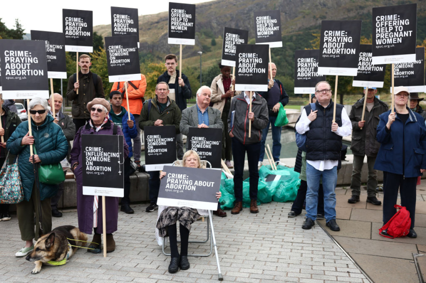 Demonstrators gather outside the Scottish Parliament in Edinburgh on Sept. 24, 2024, to protest a law banning demonstrations within 200 meters of abortion clinics. New Public Health Scotland data shows the country recorded its highest-ever number of abort