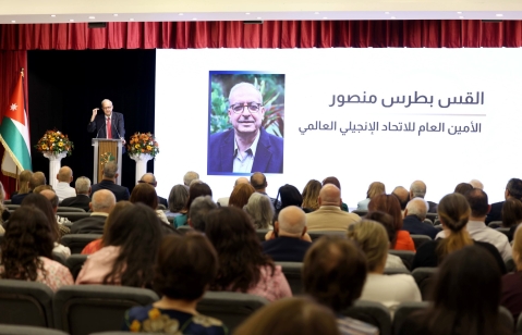 Rev. Botrus Mansour, secretary general of the World Evangelical Alliance, addresses the centennial celebration of evangelical ministry in Jordan at the Amman Baptist School on May 29.