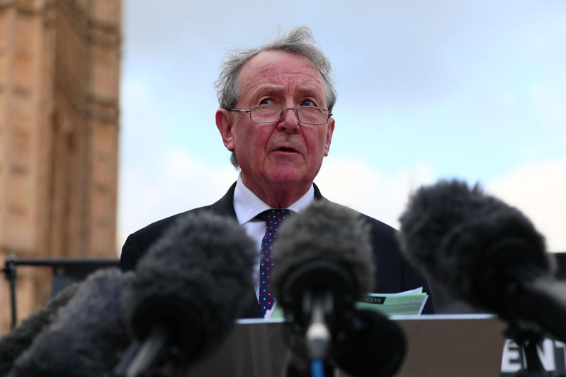 LONDON, ENGLAND - JANUARY 20: Lord Alton of Liverpool speaks during a protest against the new Chinese embassy in Victoria Tower Gardens on January 20, 2026 in London, England.