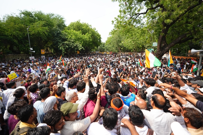 Supporters of the Cockroach Janta Party gather at Jantar Mantar in New Delhi on June 6, 2026