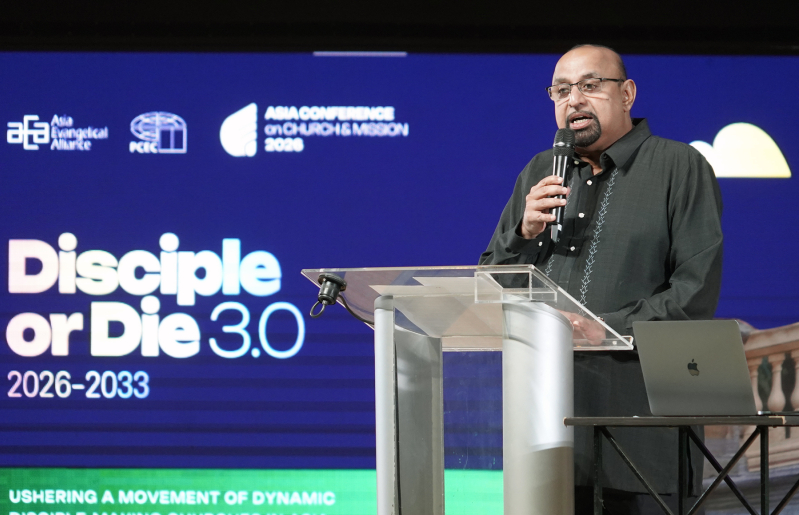 Godfrey Yogarajah, Chairman of the Asia Evangelical Alliance and Chairman of the International Council of the World Evangelical Alliance, delivers the opening remarks at ACCM 2026 in Manila, Philippines, June 9, 2026.