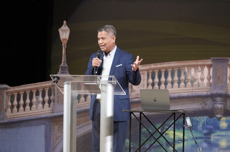 Bishop Dr. Noel Pantoja, National Director and CEO of the Philippine Council of Evangelical Churches, welcomes participants to the Philippines at the opening session of ACCM 2026 in Manila, June 9, 2026.