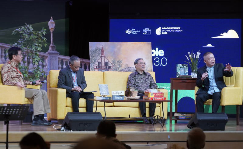 From left, Dr. John M. Chandra, Rev. Dr. Lito Villoria, and Rev. Edmund Chan with Asia Evangelical Alliance General Secretary Dr. Bambang Budijanto as moderator during the morning panel on the third day of the Asia Conference on Church & Mission, June 11,