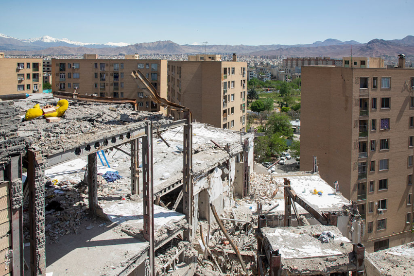 TEHRAN, IRAN - APRIL 14: Damage is visible to a building photographed on April 14, 2026 in southeastern Tehran, Iran.