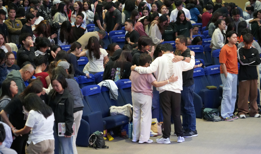 Participants bow in prayer for their schools and colleges during The Send Philippines, June 12, 2026 — one of three commitment tracks the event offered alongside campus discipleship and overseas mission.