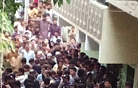 Muslim mob protests outside of home of Christian accused of blasphemy in Karachi, Pakistan on July 9, 2026.