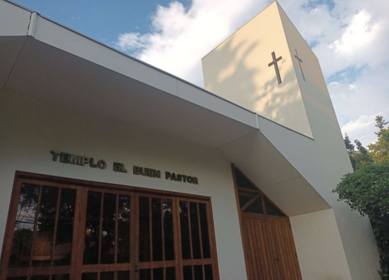 View of the facade of the Lutheran Congregation Church La Reconciliación in Santiago, Chile.
