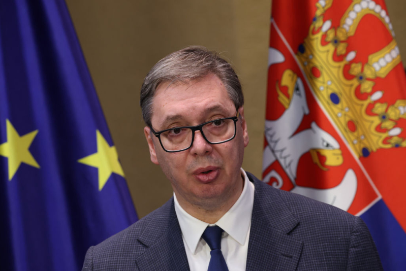 Serbian President Aleksandar Vucic speaks to the media on December 10, 2024 in Freiberg, Germany.