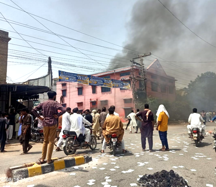 Salvation Army Church building burned during Aug. 16, 2023 mob violence in Jaranwala, Pakistan.