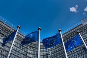 European Union flags in front of Berlaymont Building, Brussels, Belgium.