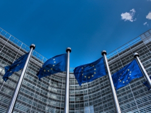 European Union flags in front of Berlaymont Building, Brussels, Belgium.