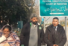 Maria Shahbaz’s parents with rights activist Safdar Chaudhry after federal court ruling on Feb. 3, 2026.