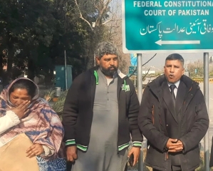 Maria Shahbaz’s parents with rights activist Safdar Chaudhry after federal court ruling on Feb. 3, 2026.