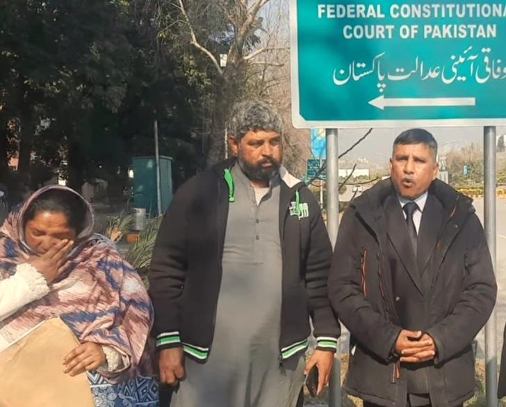 Maria Shahbaz’s parents with rights activist Safdar Chaudhry after federal court ruling on Feb. 3, 2026.