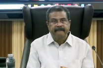 Dharmendra Pradhan, Indias education minister, speaks during an official meeting.
