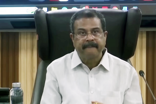 Dharmendra Pradhan, Indias education minister, speaks during an official meeting.