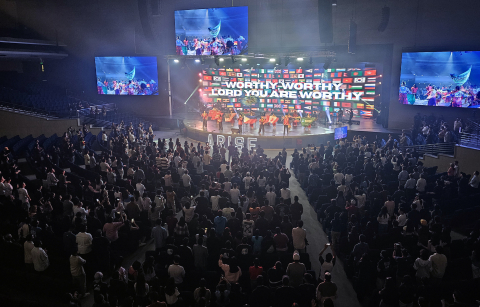 Delegates from 50 countries fill the arena during the opening worship session of the Arise Asia 2026 Congress in Manila, Philippines, July 27, 2026.