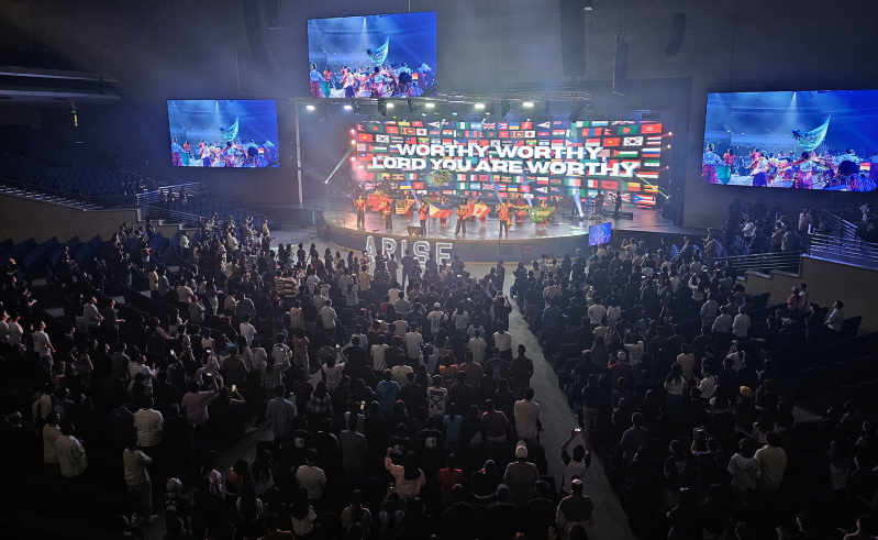 Delegates from 50 countries fill the arena during the opening worship session of the Arise Asia 2026 Congress in Manila, Philippines, July 27, 2026.